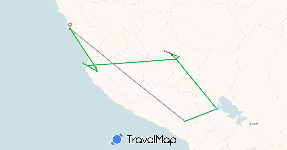 TravelMap itinerary: driving, bus, plane, train, hiking, boat, motorbike in Peru (South America)